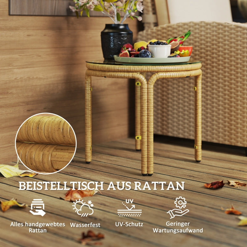 Side Table, Round Coffee Table, Glass Top, Polyrattan, Yellow