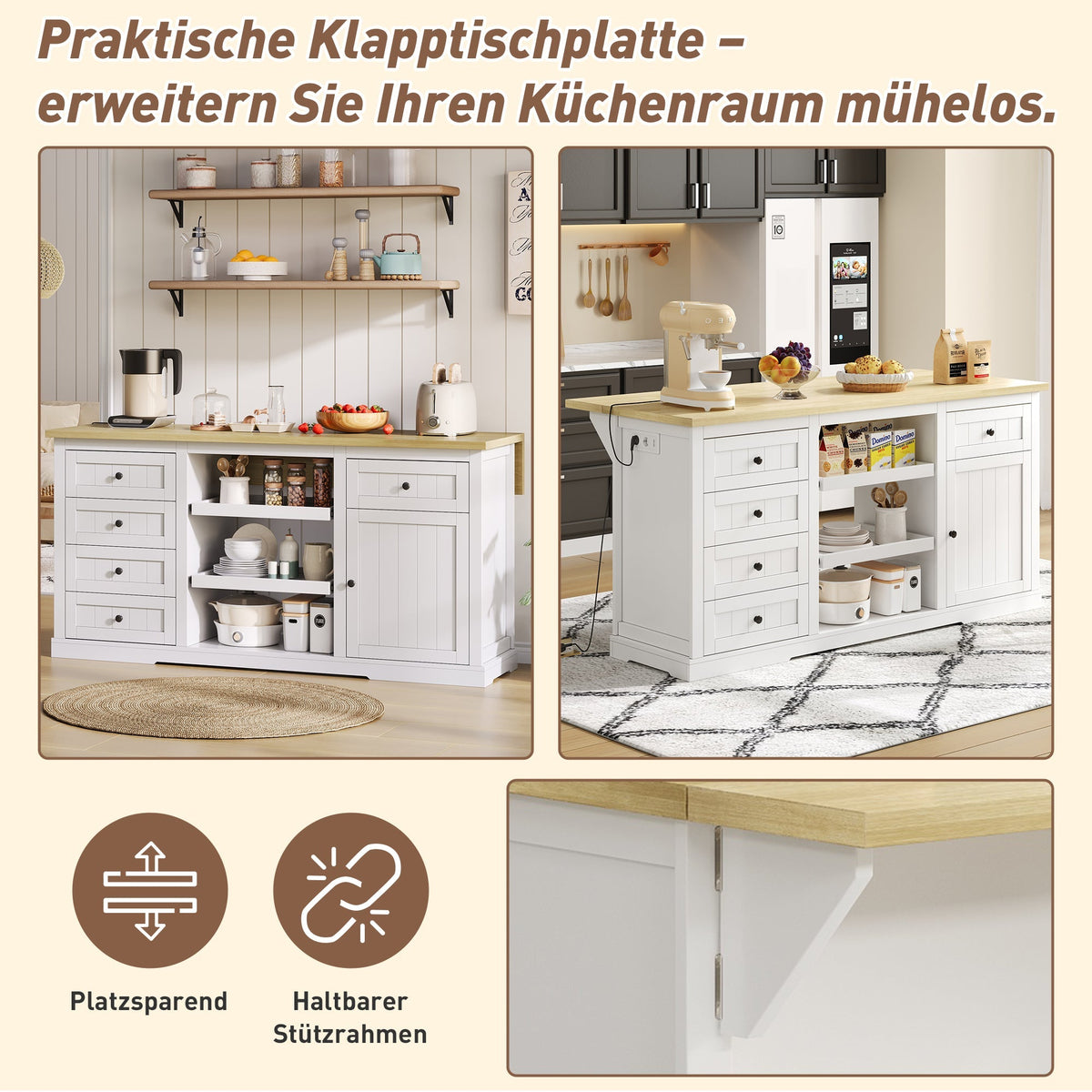 Sideboard/Kitchen Island/Bar Cabinet 5 Drawers 2 Shelves Extension Panel Sockets, White