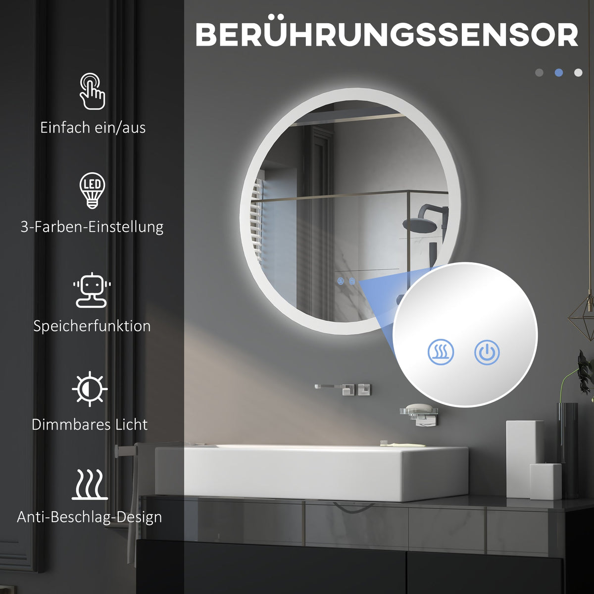 Illuminated Bathroom Mirror, Ø70 cm, 3 Light Colors, IP44, Anti-Fog, Wall Mirror