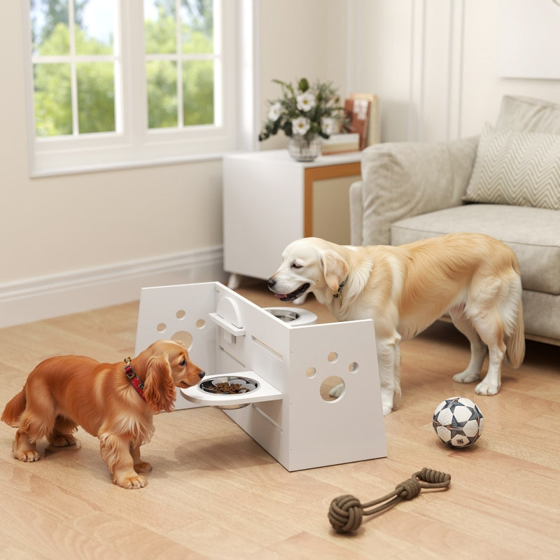 Elevated Dog Bowl, 3-Level Adjustable, 2 Stainless Steel Bowls, White