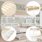 Children's Bunk Bed with 3 Drawers & Rattan Railing, White Pine Wood