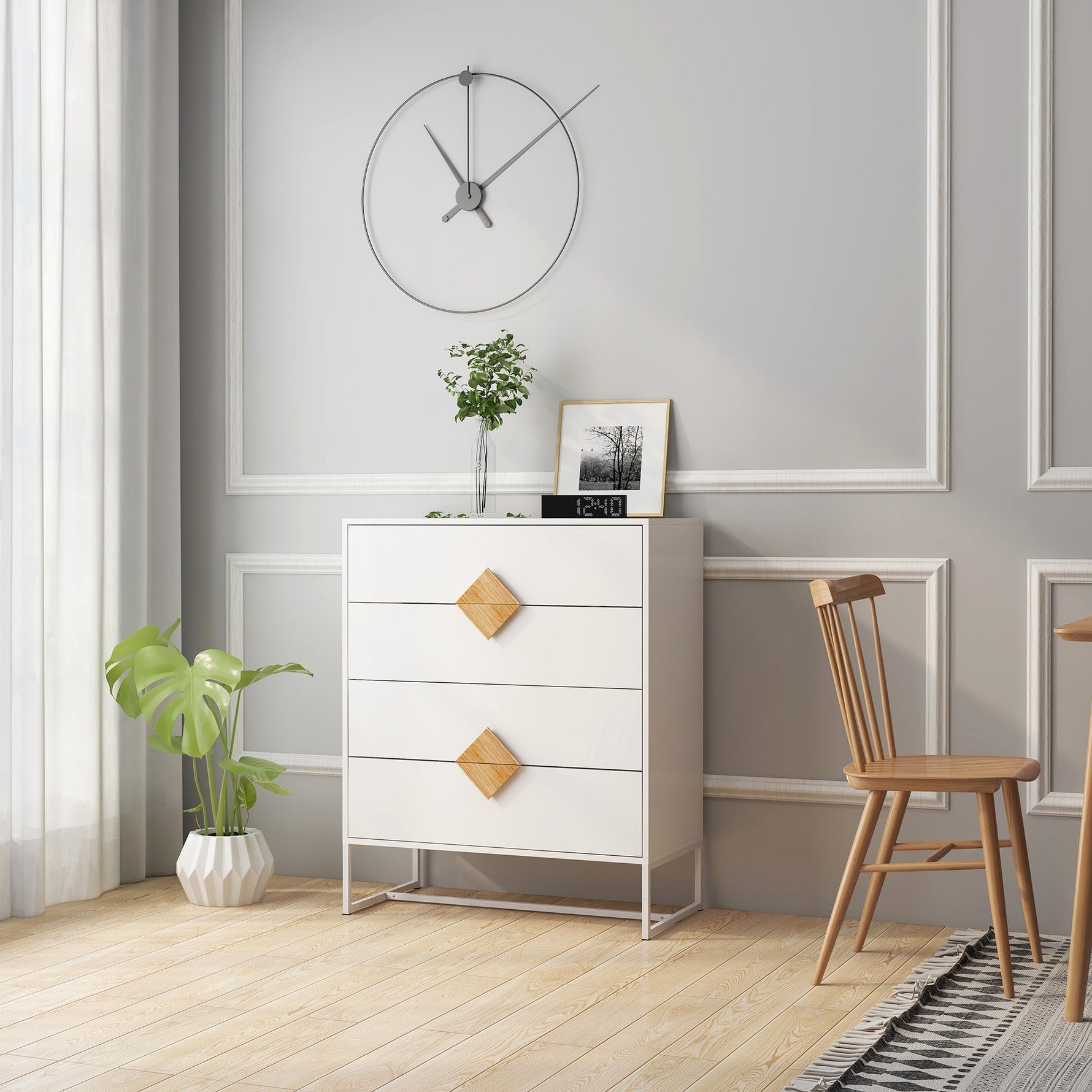 Solid Wood Dresser, 4 Drawers Special Shape Handle, Solid Wood