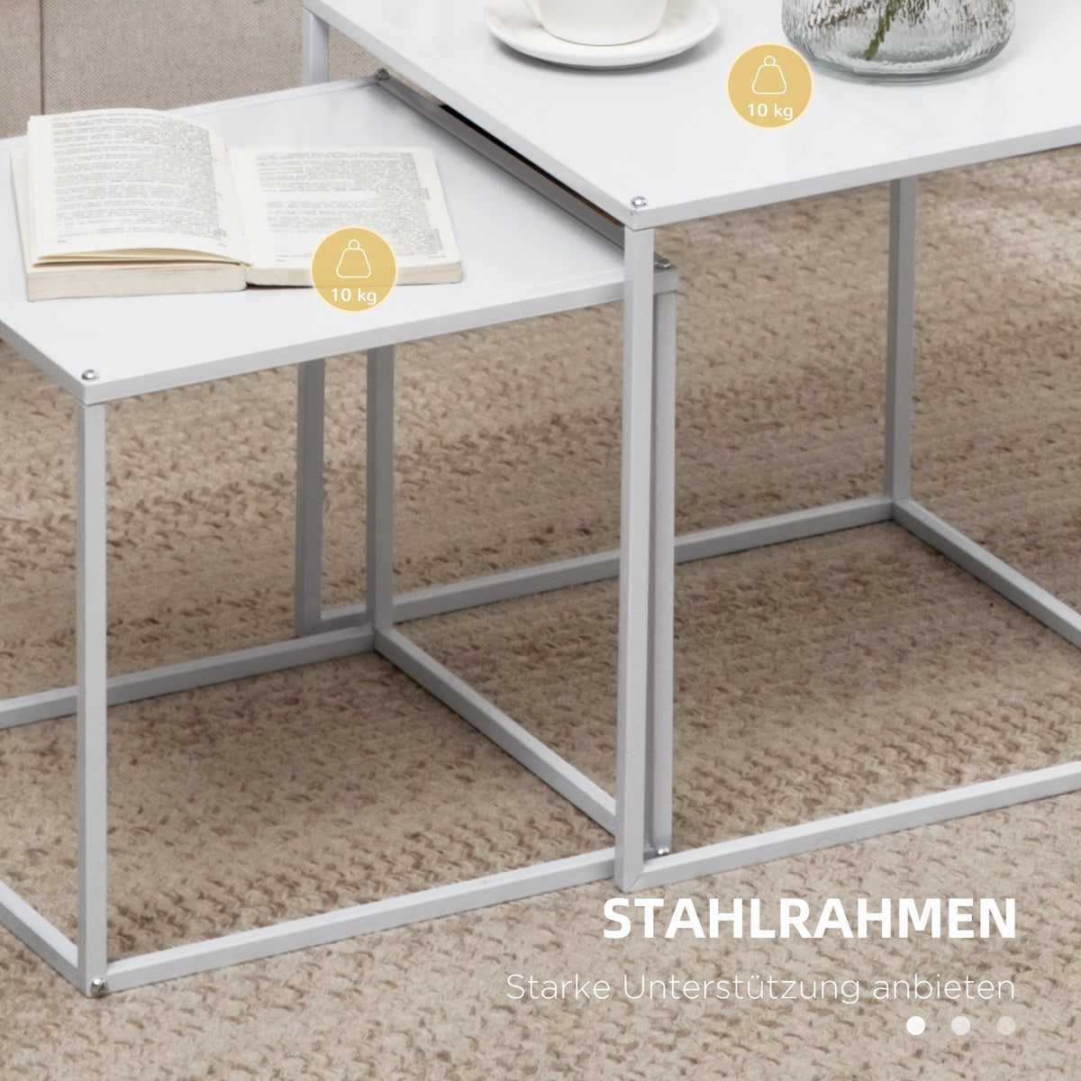 Coffee Tables, Set of 2 Square Side Table with Steel Frame, White