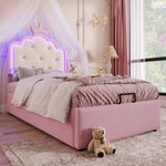Upholstered Bed 90x200cm Princess Hydraulic Storage Ambient LED Lighting Pink PU
