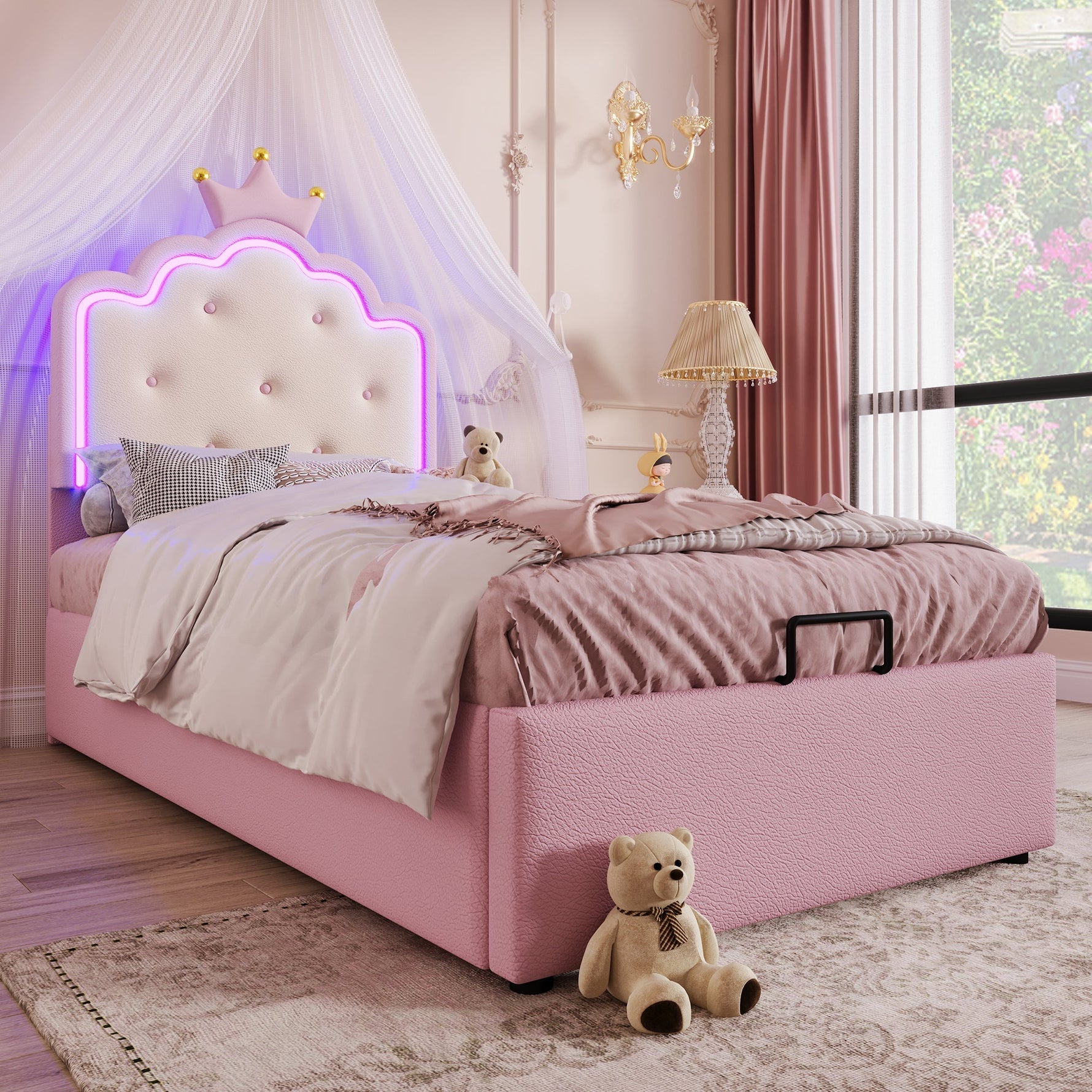 Upholstered Bed 90x200cm Princess Hydraulic Storage Ambient LED Lighting Pink PU