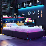 Gaming-Style Metal Bed Frame with 3 Drawers, LED Lighting, USB Ports, Pegboard and Side Shelves, Black Metal