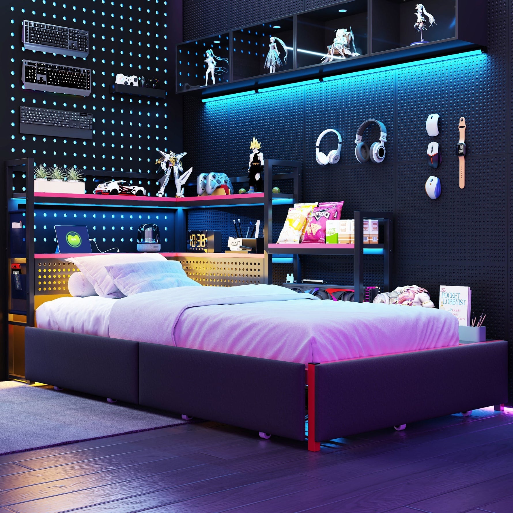 Gaming-Style Metal Bed Frame with 3 Drawers, LED Lighting, USB Ports, Pegboard and Side Shelves, Black Metal