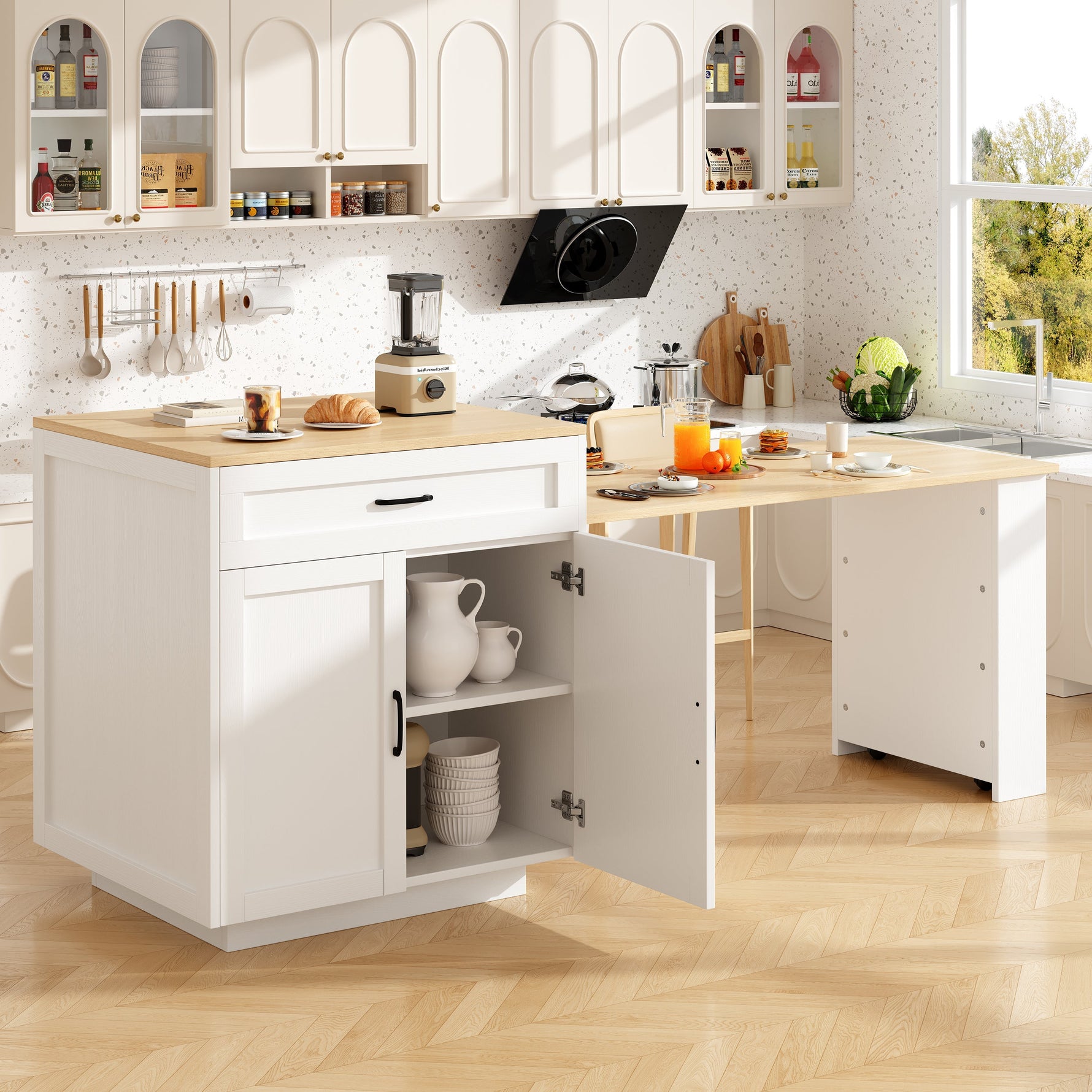 Extendable Bar Table Storage 2 Drawers Side Shelves - White