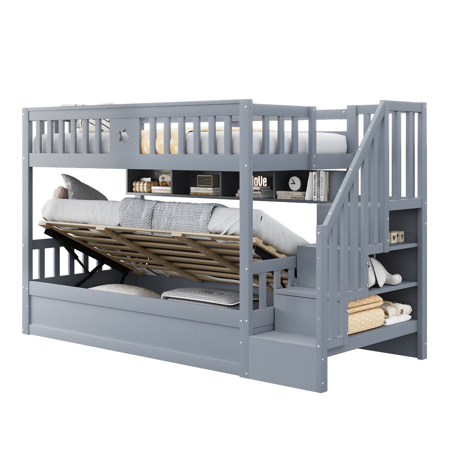 Wooden Bed 90x200cm Hydraulic Storage Stairs Shelves Loft Bunk Youth Bed, Grey