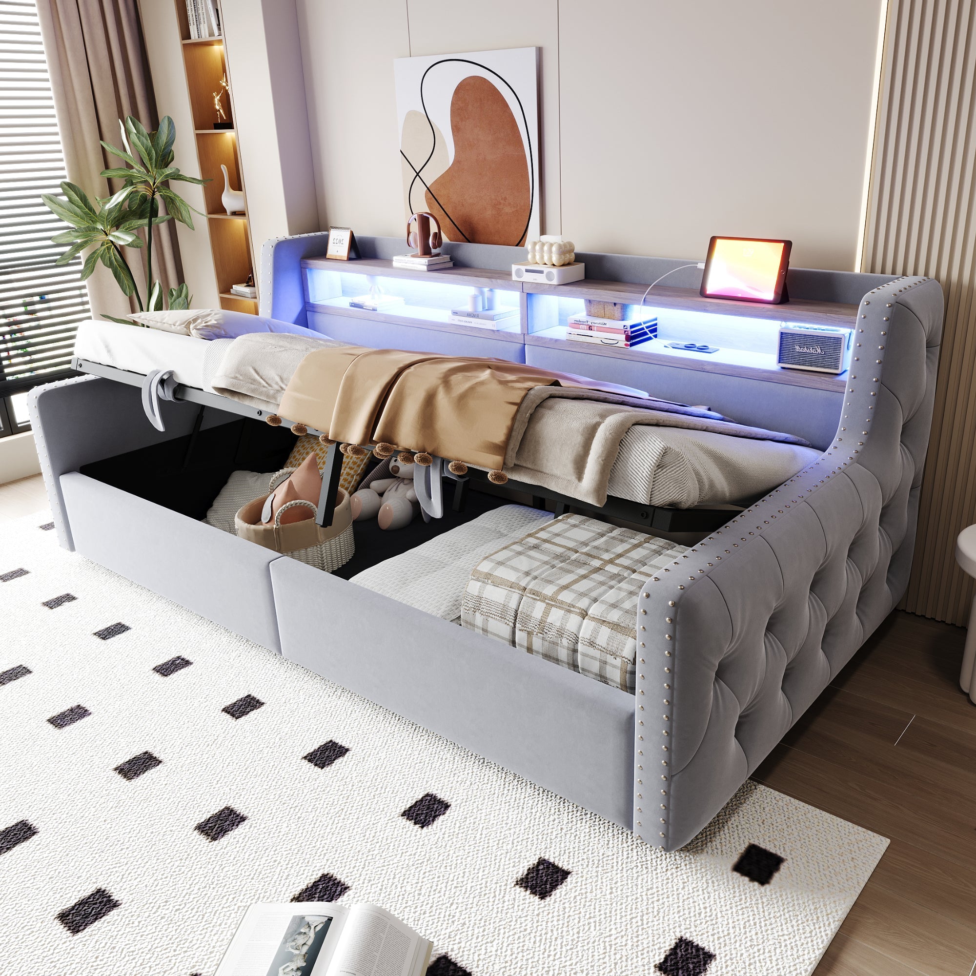 Upholstered Sofa Bed with Hydraulic Storage, LED, and Charging Port, 90x200cm, Light Grey