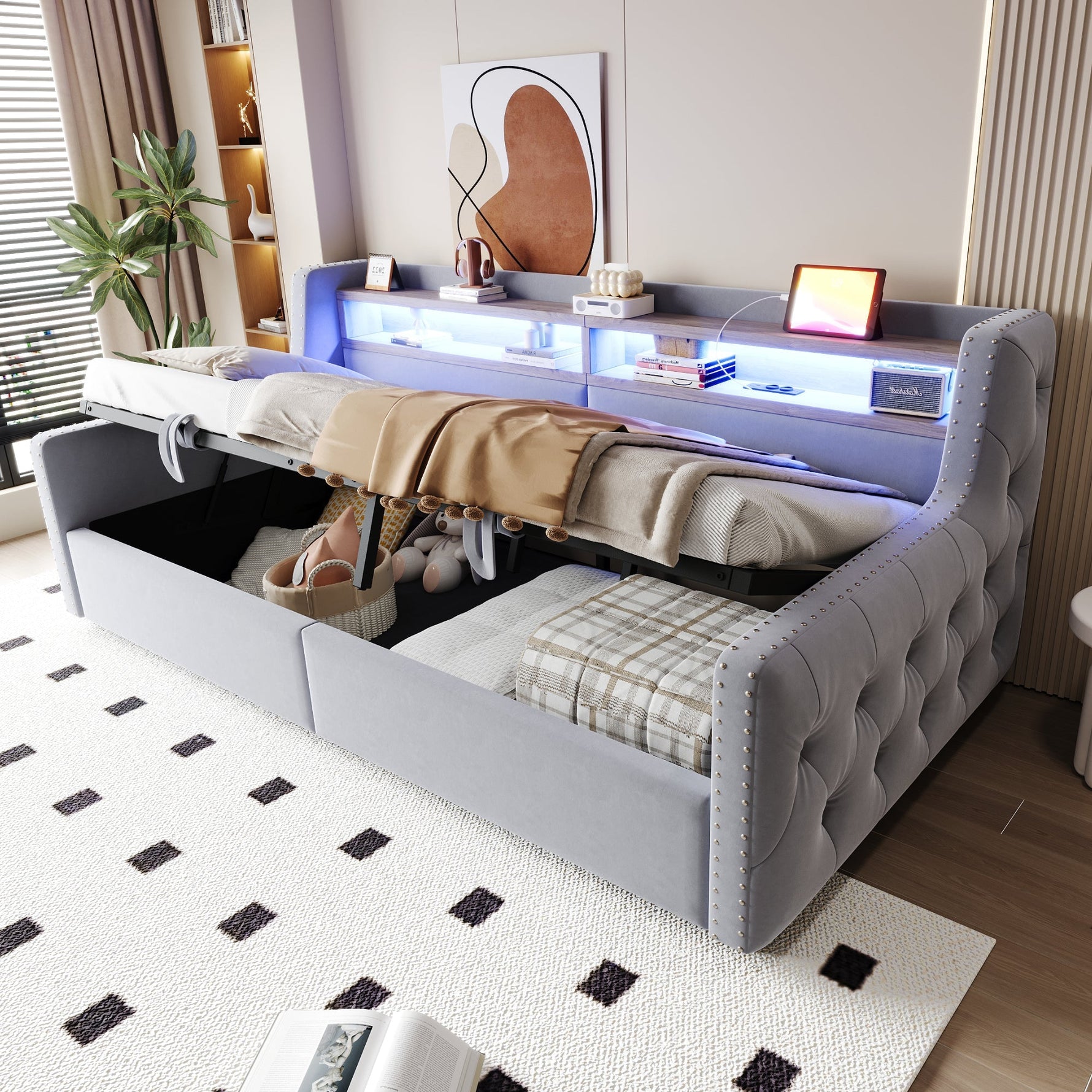 Upholstered Sofa Bed with Hydraulic Storage, LED, and Charging Port, 90x200cm, Light Grey