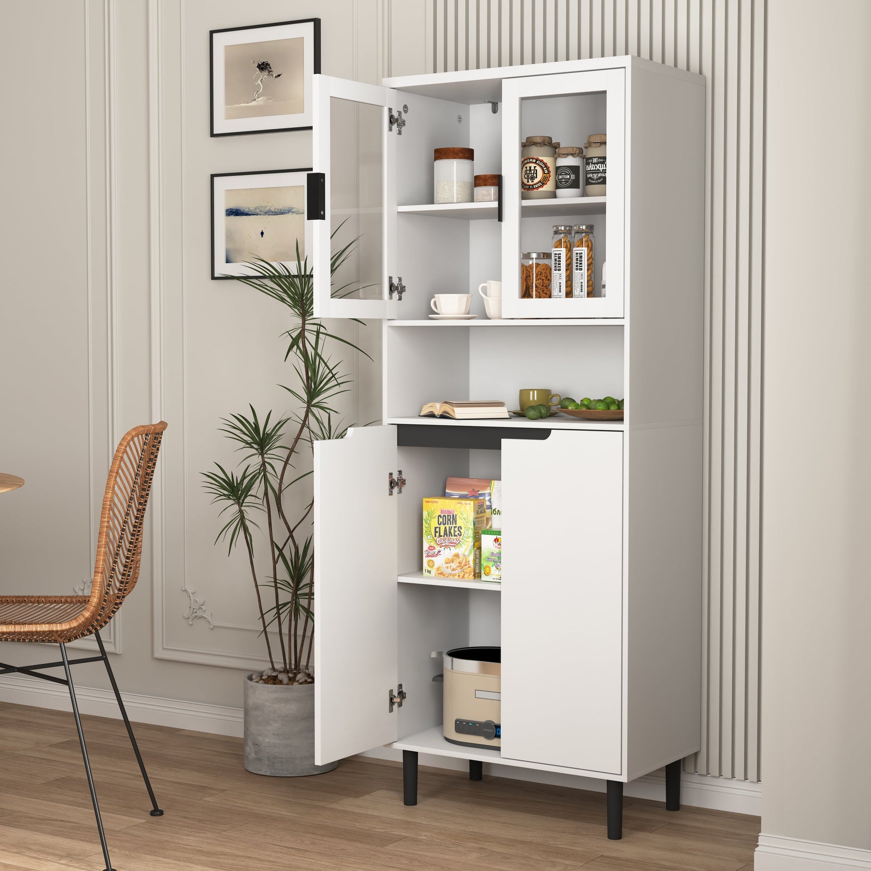 Tall Bookcase 4-Door Tempered Glass Adjustable Shelf - White