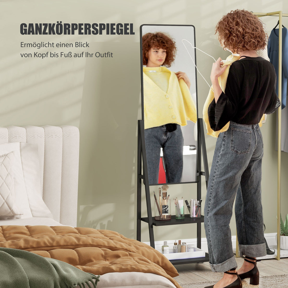 Full-Length Mirror, 42 x 155 cm with Shelf and Wheels, Black