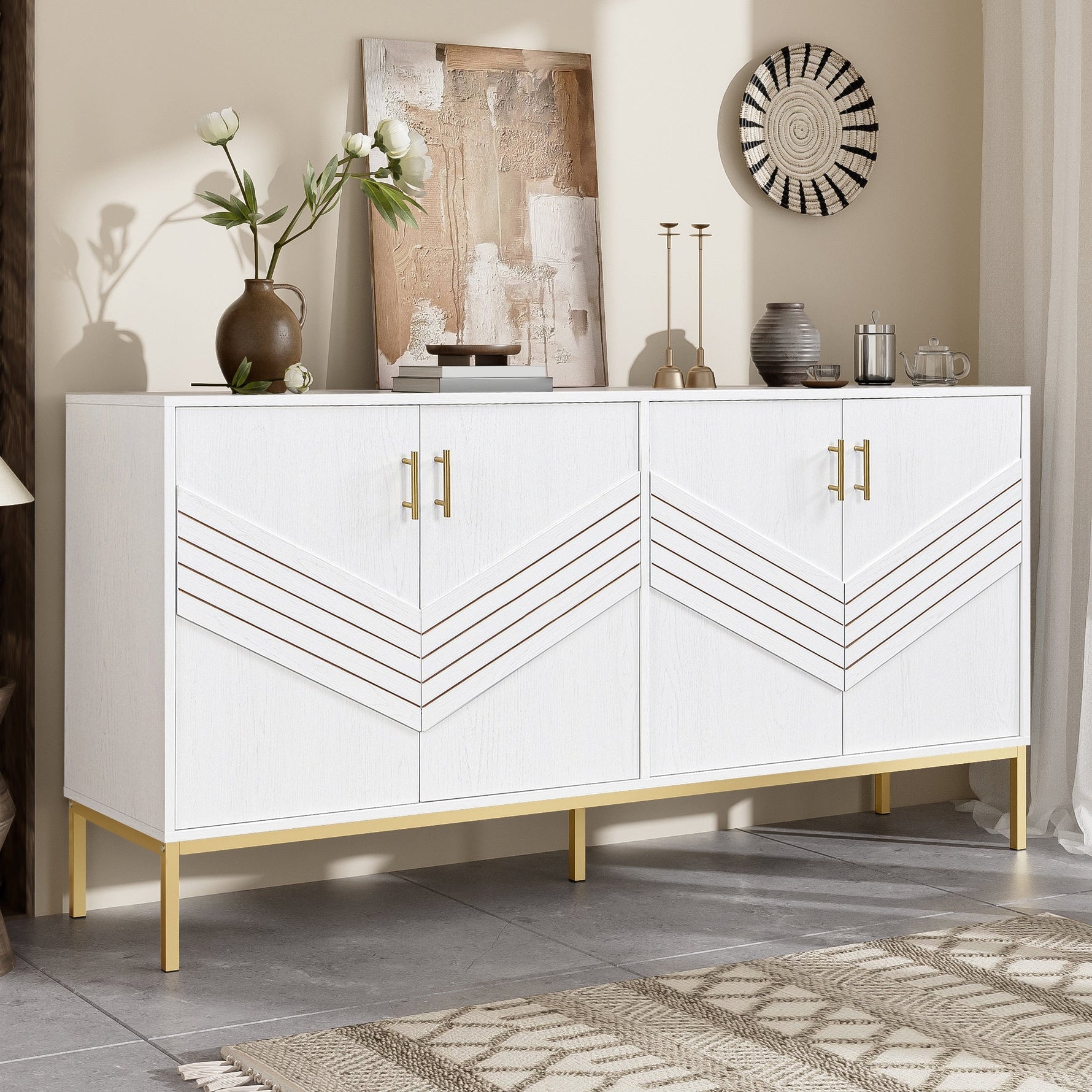 Sideboard, 4 Doors, Large Capacity, Height-Adjustable, White & Gold MDF