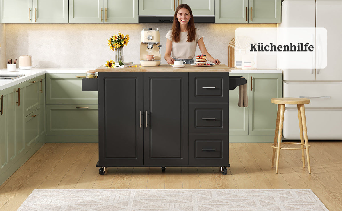 Mobile Kitchen Table with Foldable Worktop and 3 Drawers, Oak Look