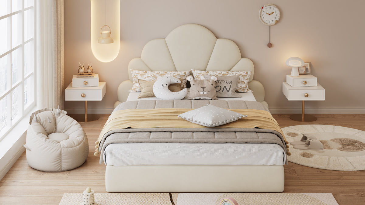 Upholstered Double Bed with Petal Headboard, 140x200cm, Beige Velvet