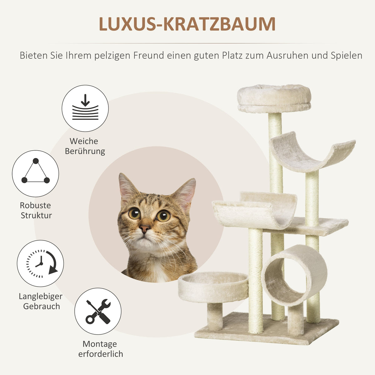 Cat Scratching Post, Climbing Tree with Toys & Tunnel, Beige