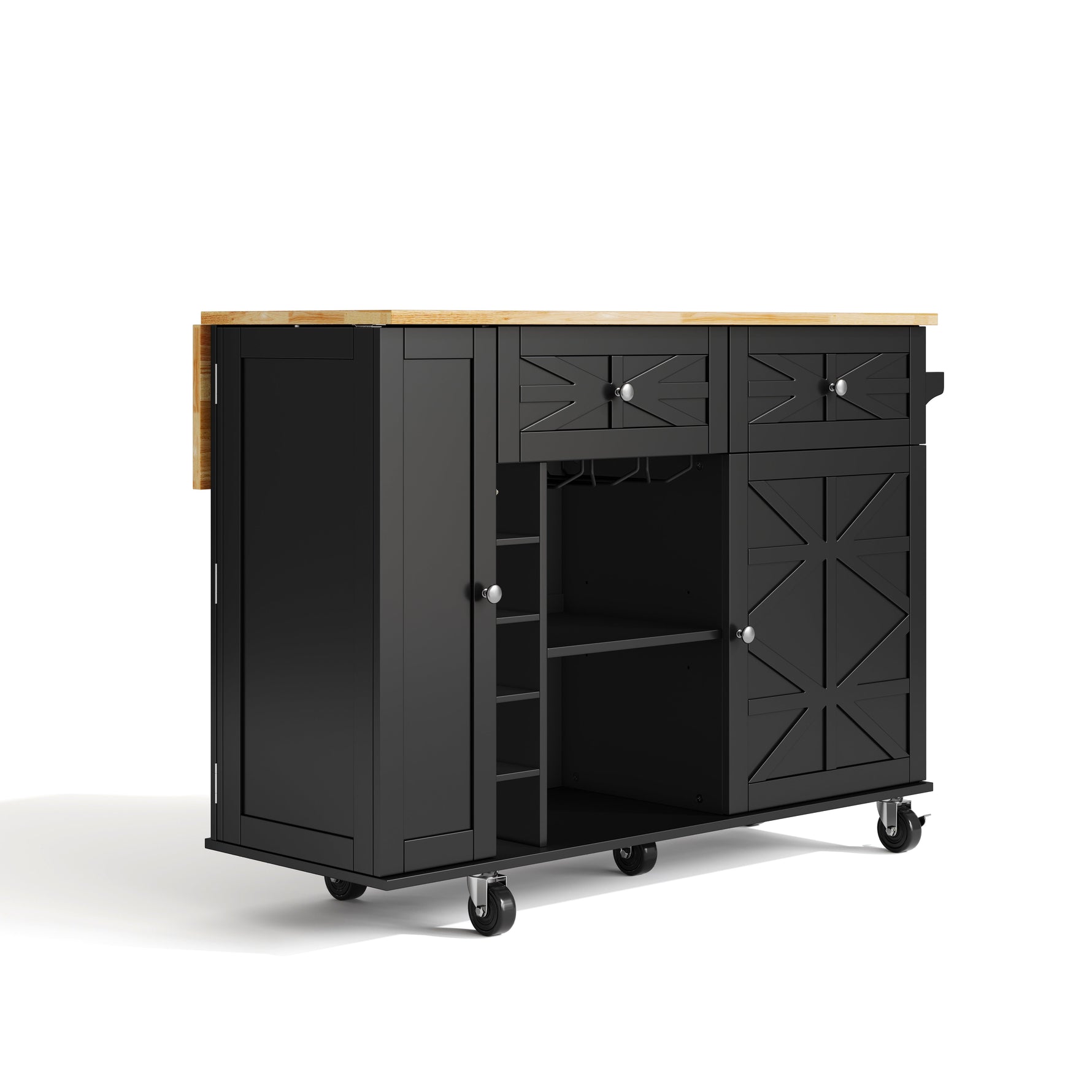 Kitchen Island Mobile Folding Worktop Wine Rack Storage - Black