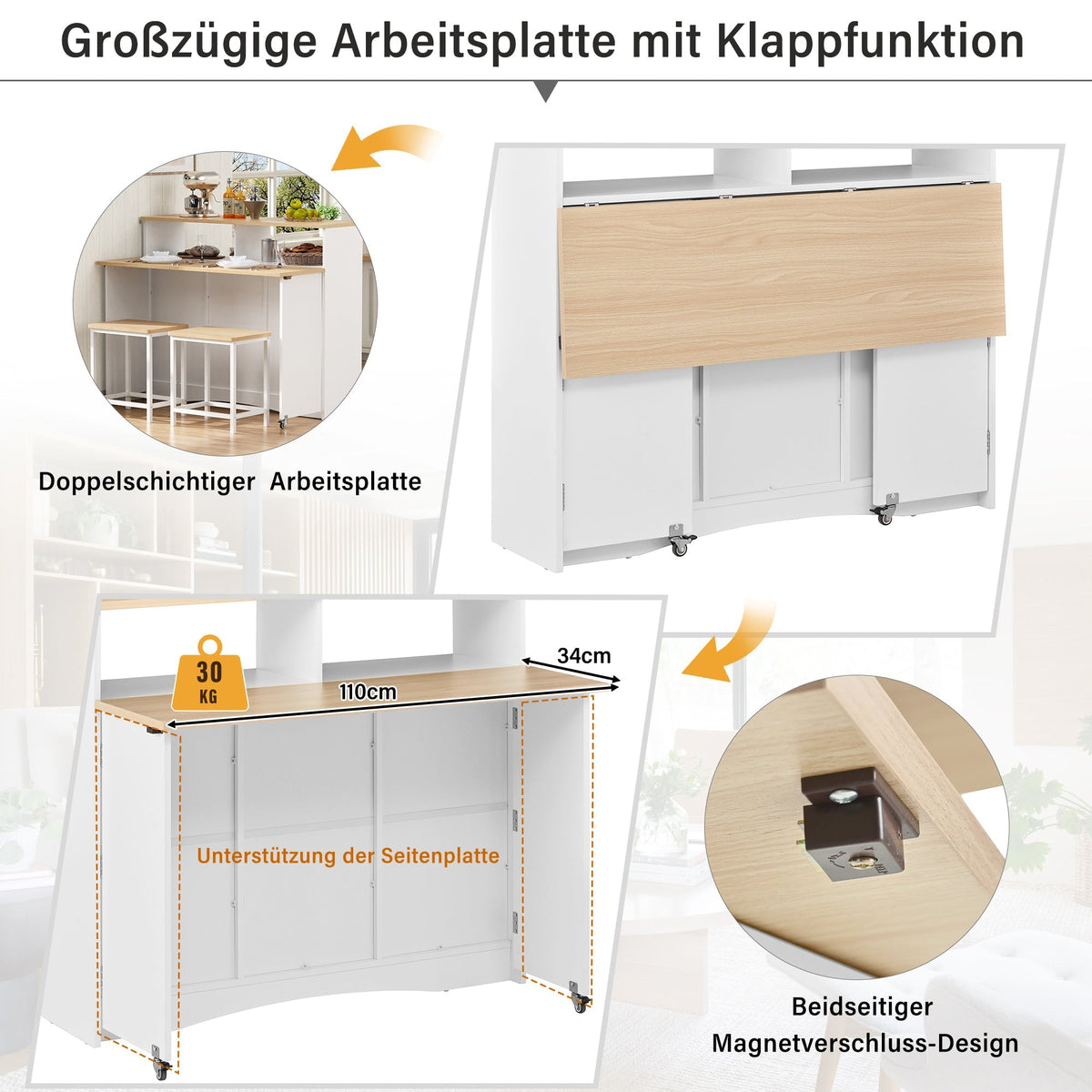 Kitchen Island on Wheels Extendable Dining Area Storage with Chairs - White