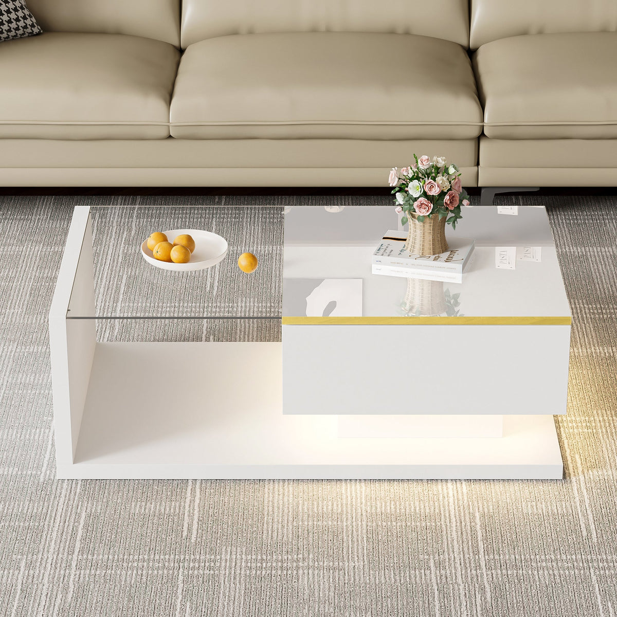 Coffee Table 90cm, High-Gloss White with Glass & LED Effect