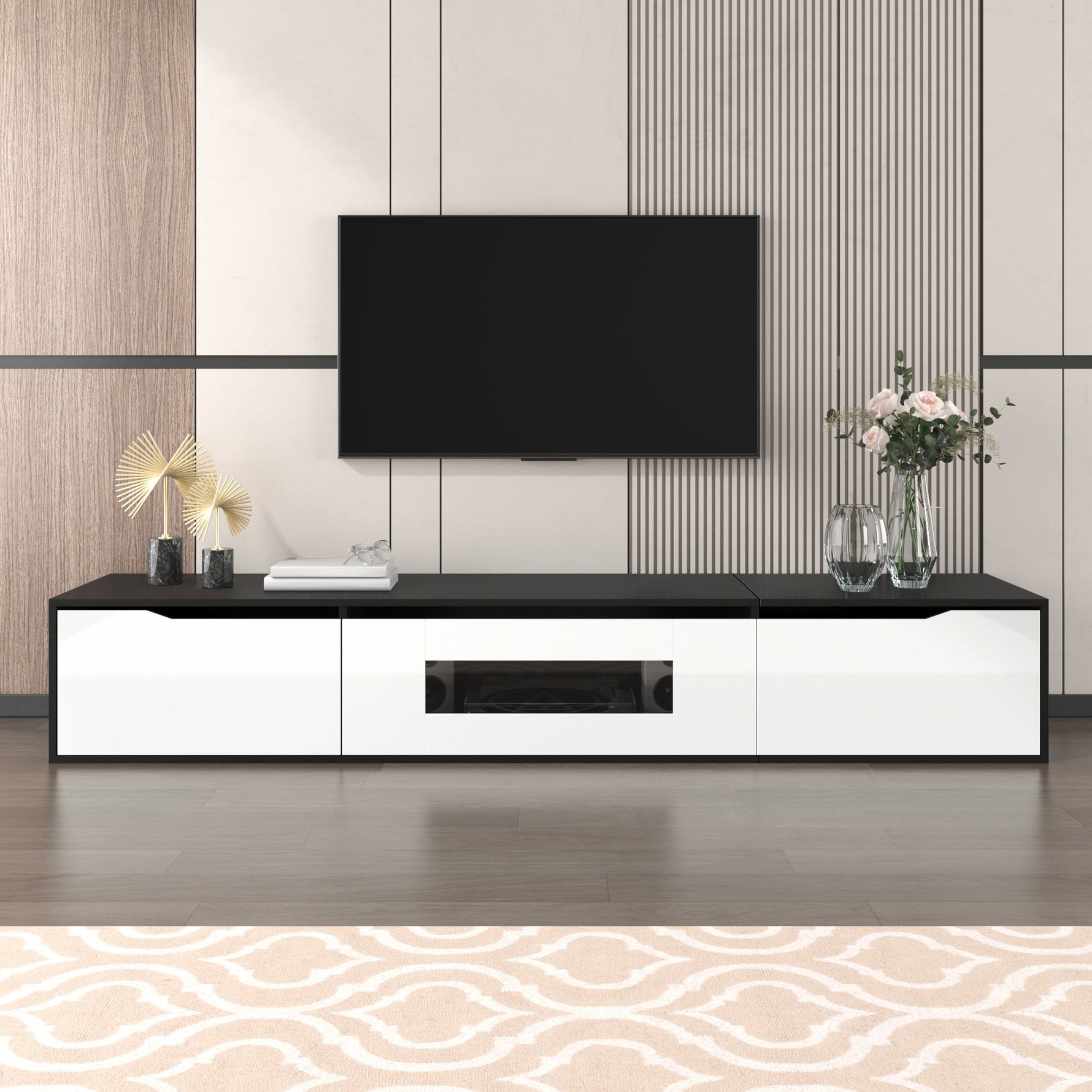 TV Cabinet High-Gloss 180cm Wall-Mounted LED USB - Black/White