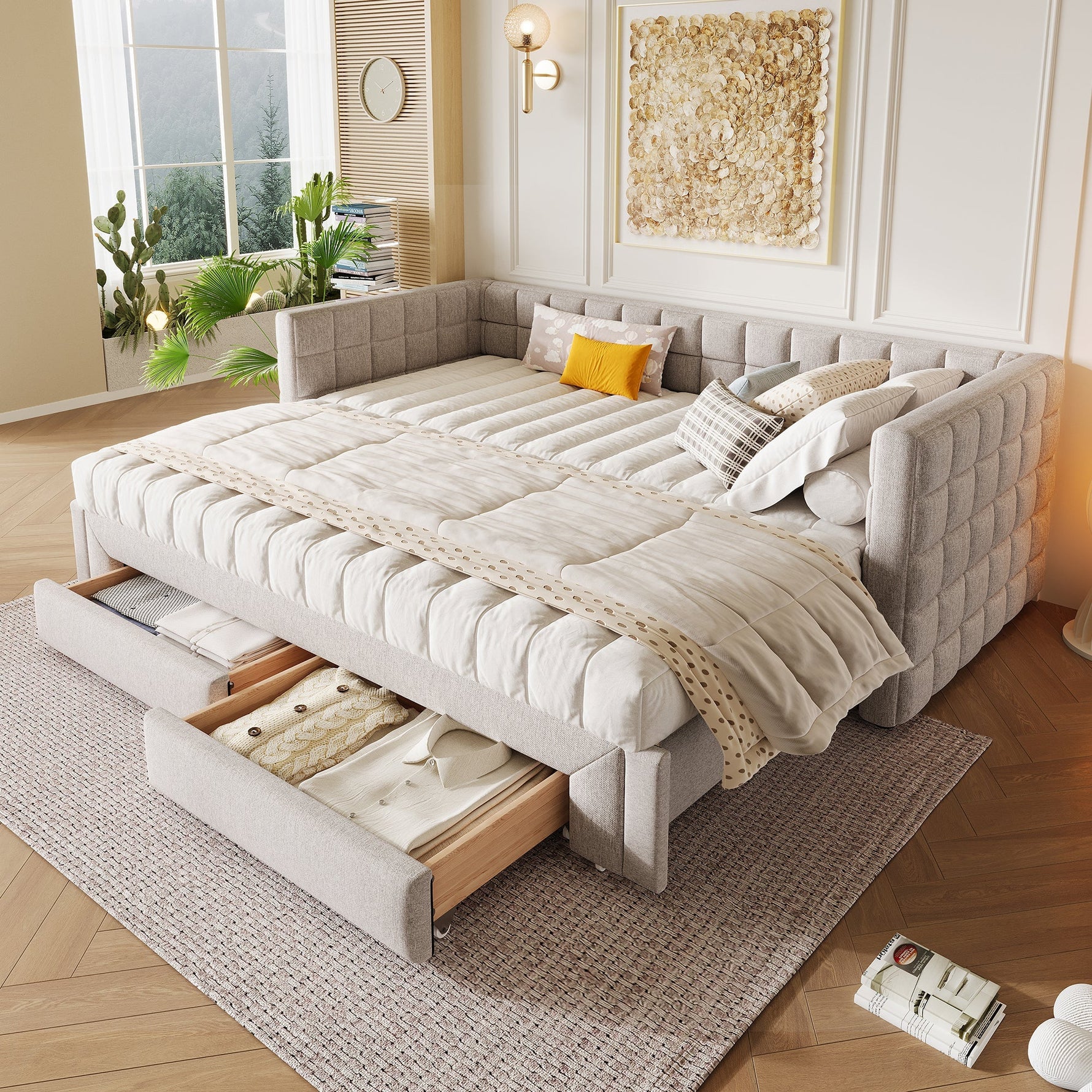 Daybed with Extendable Frame and 2 Storage Drawers, Beige Samt and MDF