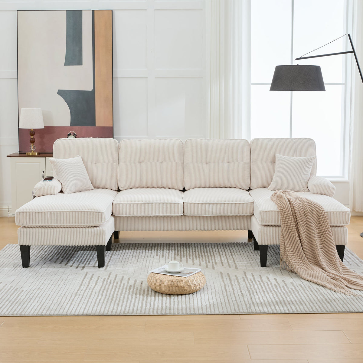 U-shaped Sofa Large 4-Seater Two Chaise Lounges Linen Fabric Beige