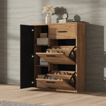 Modern Shoe Cabinet, Adjustable Shelves 1 Drawer 2 Drop-Down Doors, Black and Natural Tones