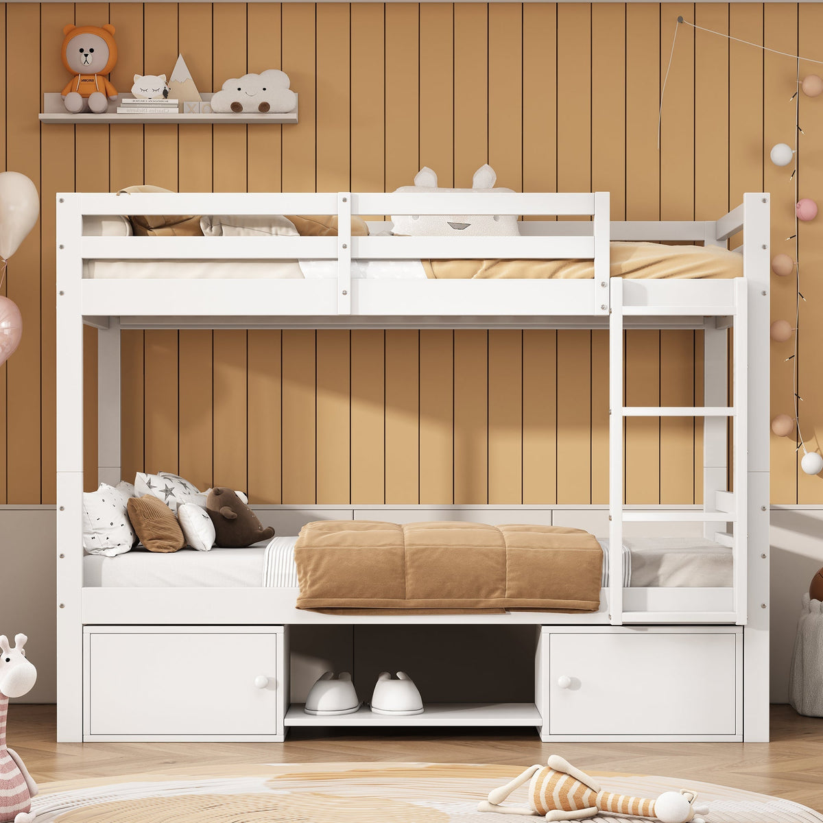 Bunk Bed Children's Shoe Racks Lockers Divisible 2 Single Beds, White 90x200cm