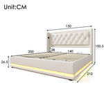 Upholstered Double Bed 140x200cm, Hydraulic Storage, USB-C Charging, 3-Sided LED, White PU