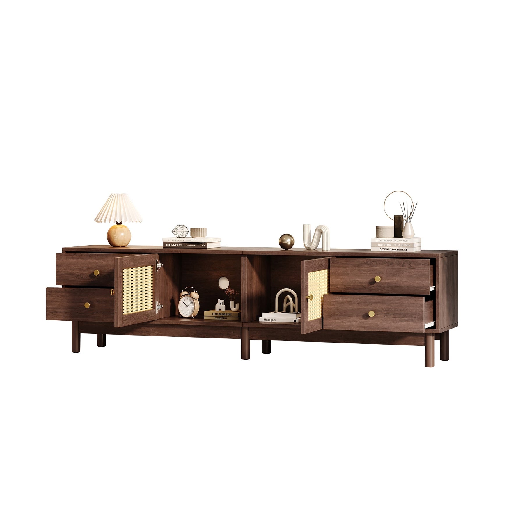 TV Cabinet, 180cm with Rattan Doors, 4 Drawers, Cable Management, Dark Wood