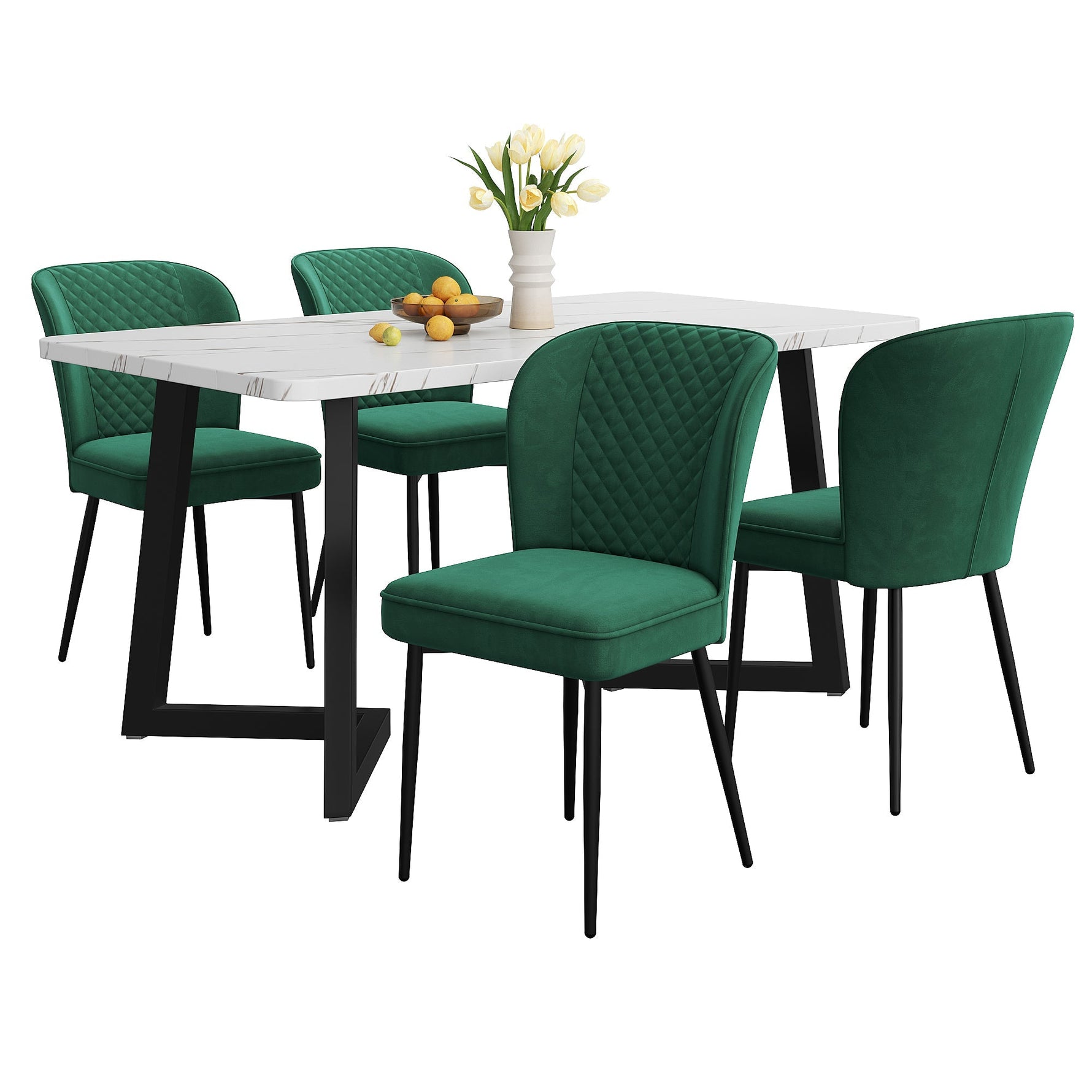 5-Piece Dining Set Modern Kitchen Table 117x68cm with 4 Upholstered Chairs Dark Green Velvet / White MDF
