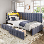Upholstered Sofa Bed 90x200 Multifunctional LED USB/Type-C Drawers Grey
