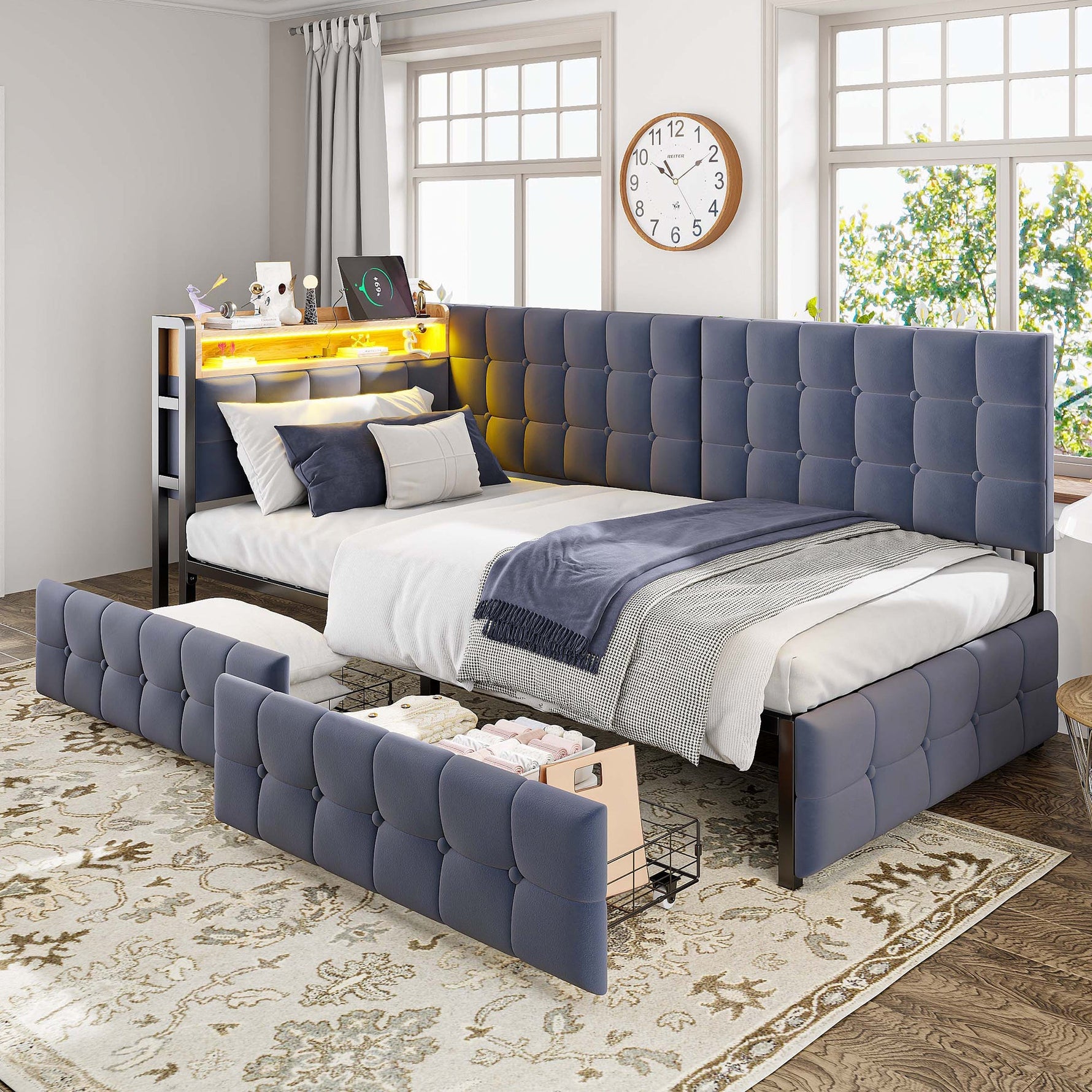 Upholstered Sofa Bed 90x200 Multifunctional LED USB/Type-C Drawers Grey