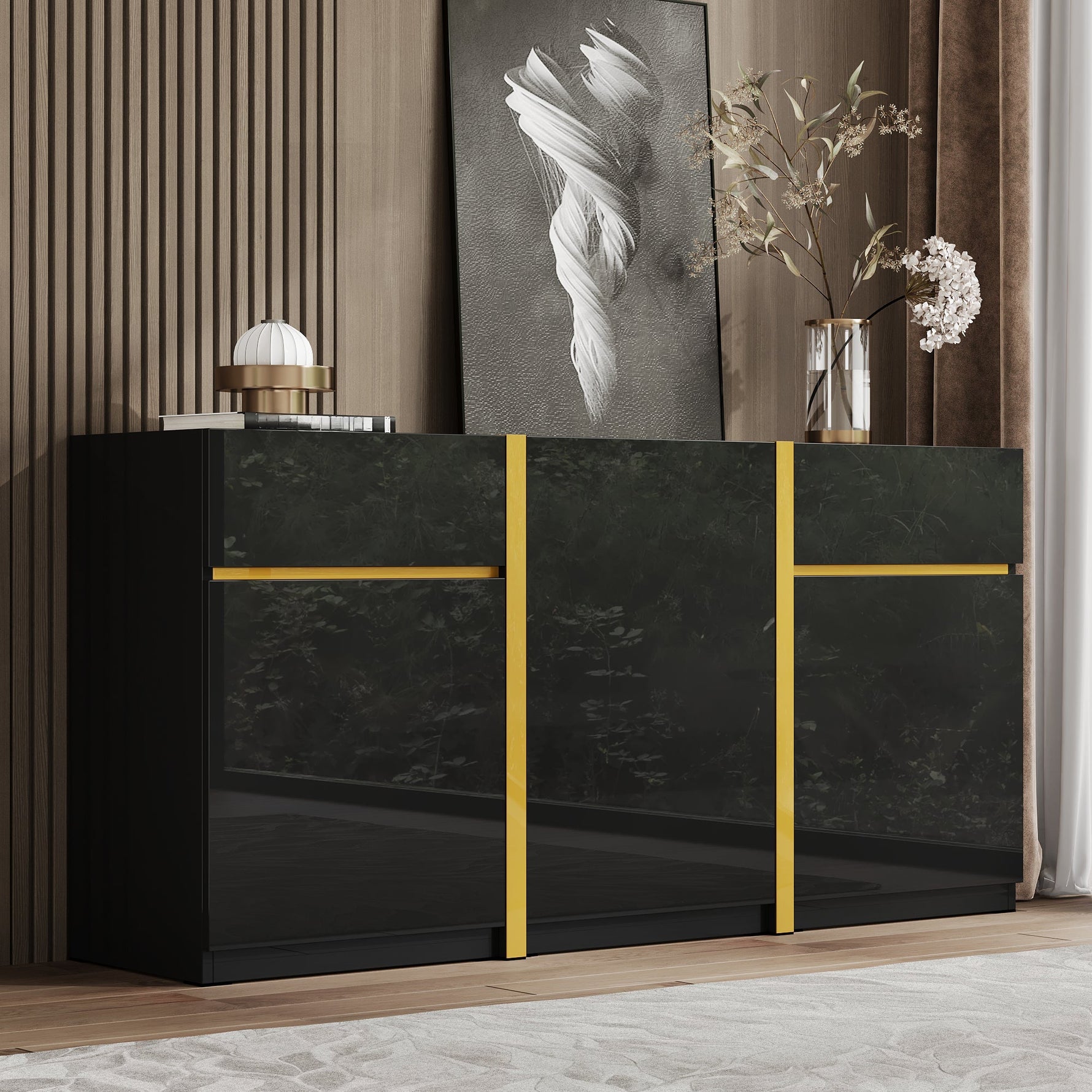 Luxurious Sideboard with 3 Doors and 2 Drawers, High-Gloss Lacquer Finish