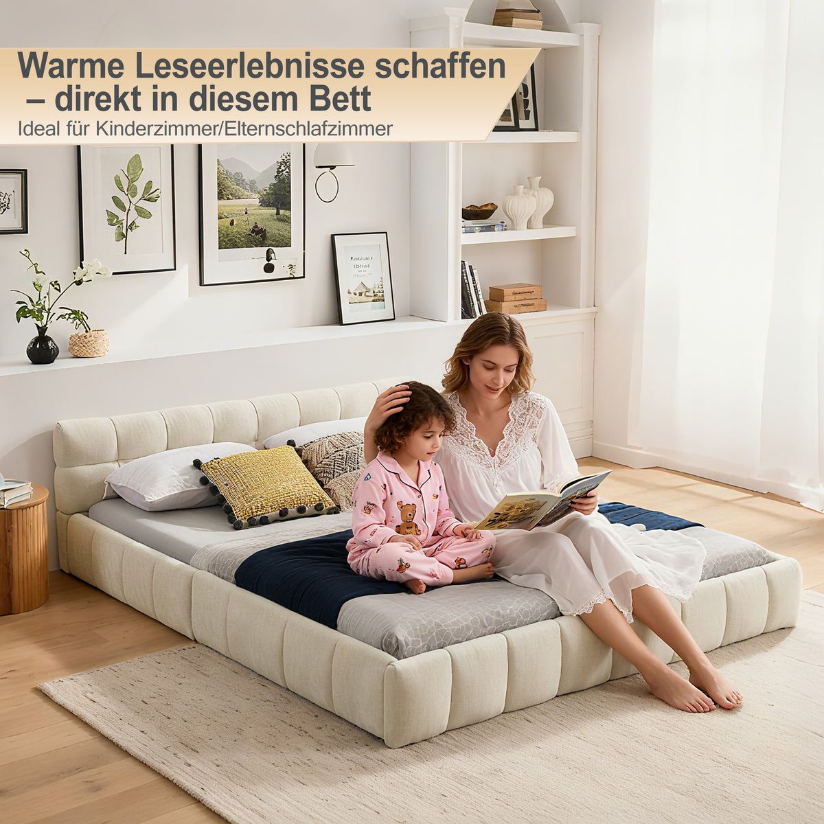 Double Bed 160x200cm Soft Quilted Frame - Beige Chenille