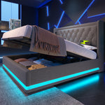Upholstered Bed, Double with Hydraulic Storage & LED, Gray Cotton