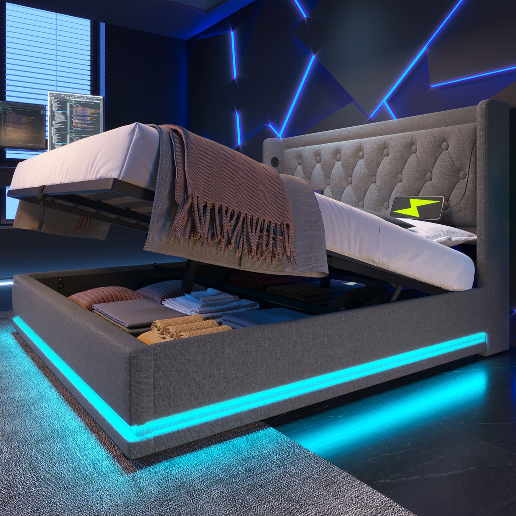 Upholstered Bed, Double with Hydraulic Storage & LED, Gray Cotton