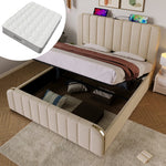 Upholstered Bed, Double Headboard with USB-C Charging, Hydraulic Storage, Beige Linen