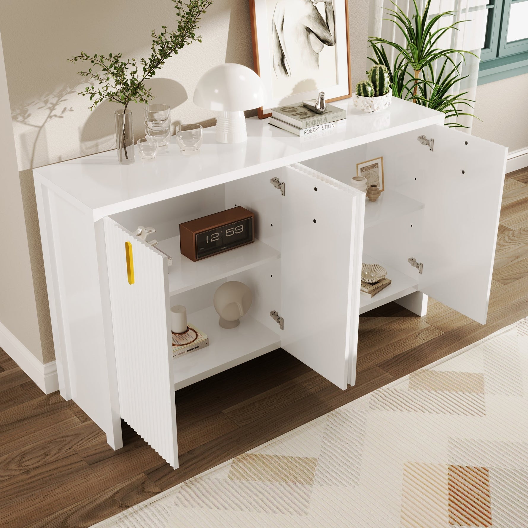 Sideboard, Minimalist with Golden Handles & Adjustable Dividers, White