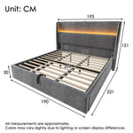 Hydraulic Bed 180x200cm LED Storage USB/Type-C Ports, Linen Look Grey