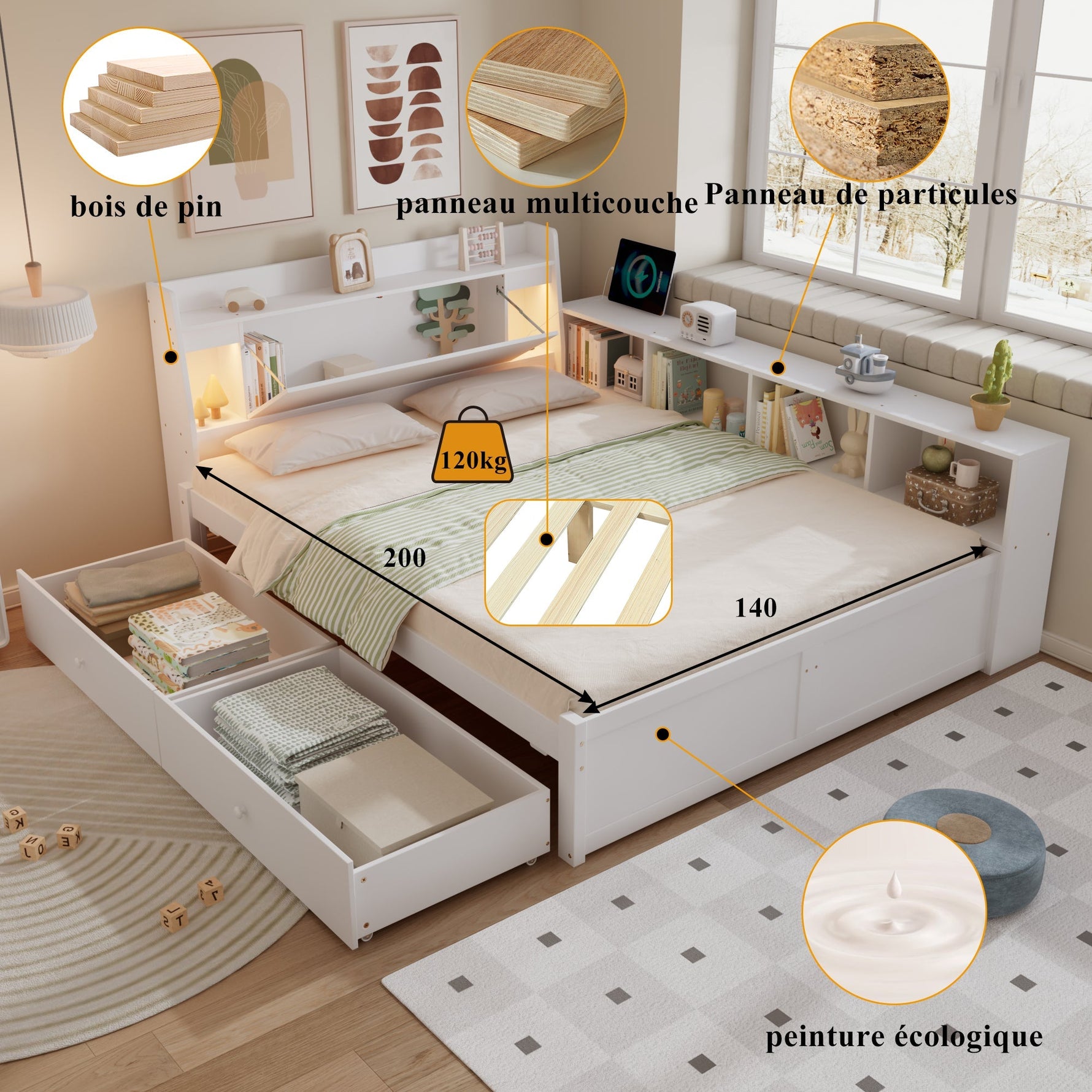 Double Bed Panel Headboard Storage Lights USB Cabinets Drawers Pine+Chipboard+MDF, White, 140x200cm