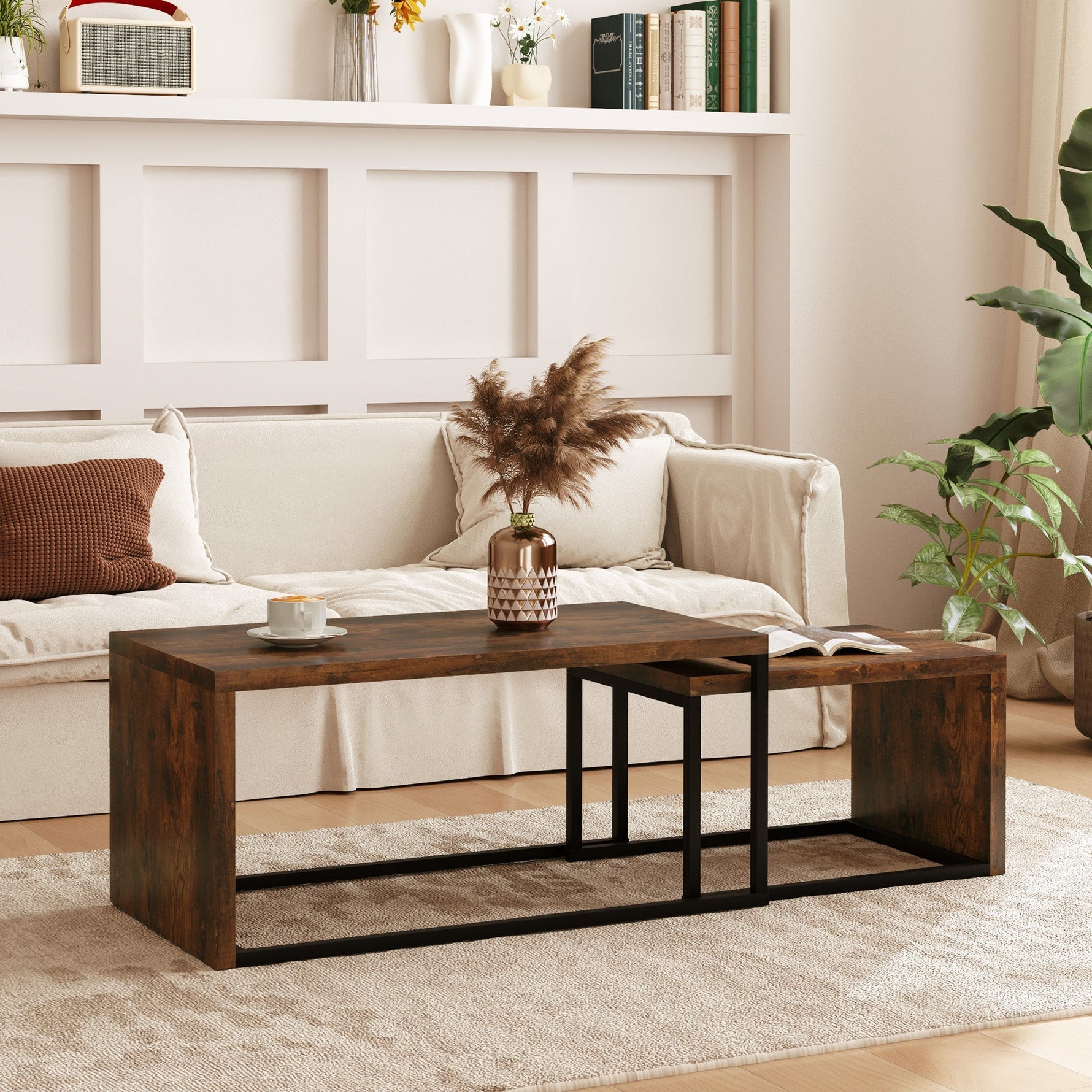 Coffee Tables, Nesting Multifunctional Various Shapes, Black and Brown Metal