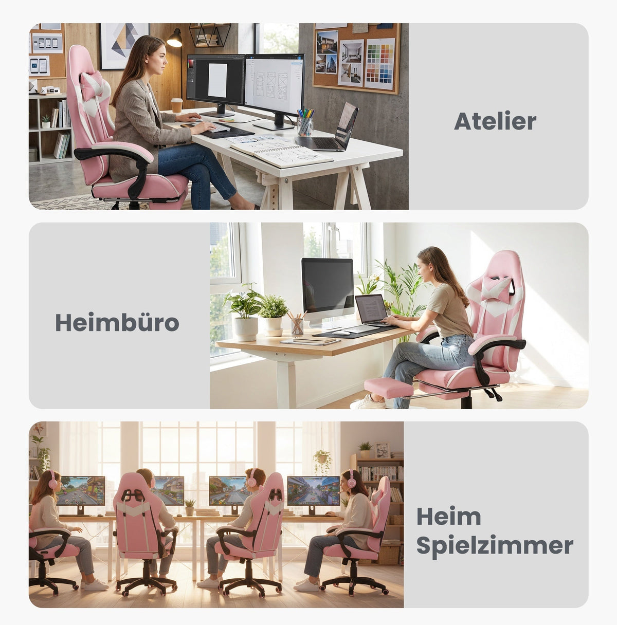 Gaming Chair Ergonomic Racing High-Back Swivel with Footrest & Lumbar Support Leather White & Pink