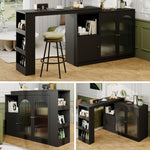 360° Rotating Bar Table, Multifunctional Dining & Bar Cabinet, Glass Door Storage, Black