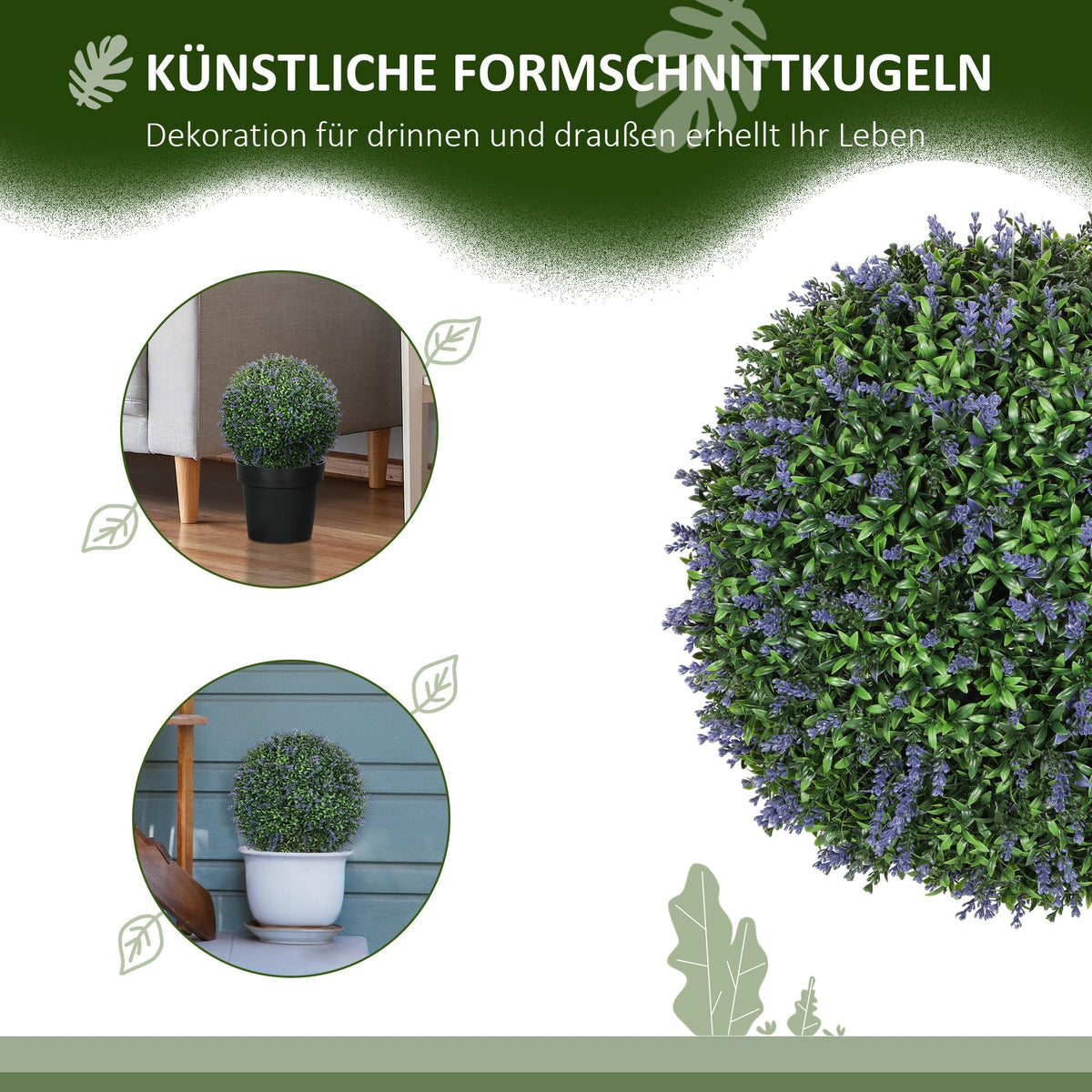 Artificial Lavender, 42 cm Ball Shape, Set of 2, Purple + Green