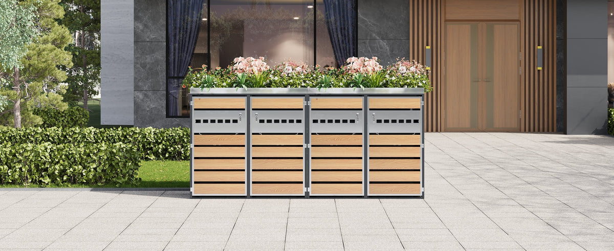 Garbage Can Enclosure with Diamond Ventilation and Four Lockable Doors, Planting Area, Steel