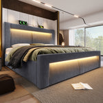 Double Bed with Hydraulic Storage, LED Lighting and USB Charging, Grey Velvet