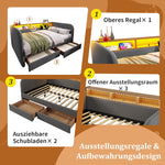 Upholstered Daybed with LED, USB-C and 2 Drawers, 140x190cm, Grey Linen