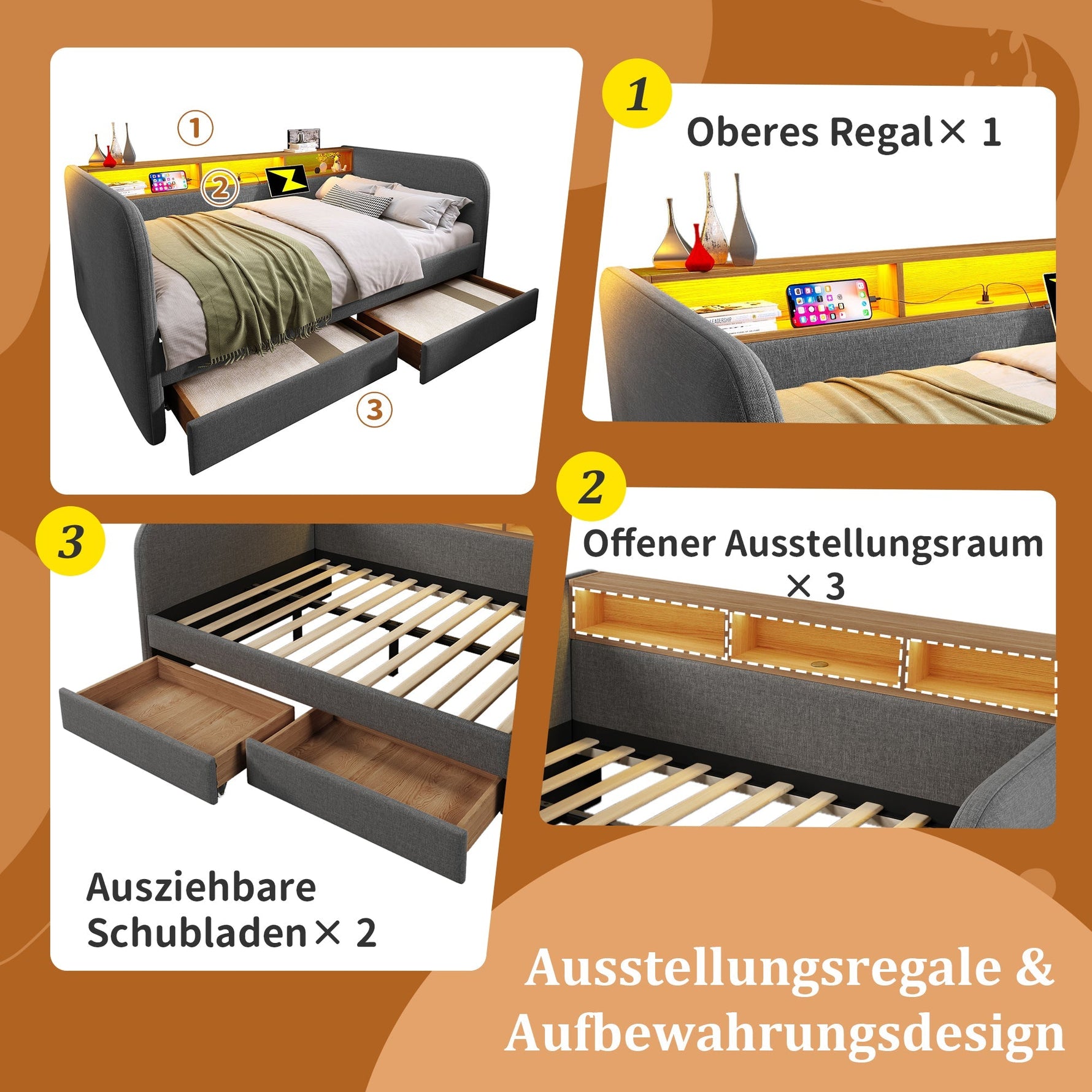 Upholstered Daybed with LED, USB-C and 2 Drawers, 140x190cm, Grey Linen